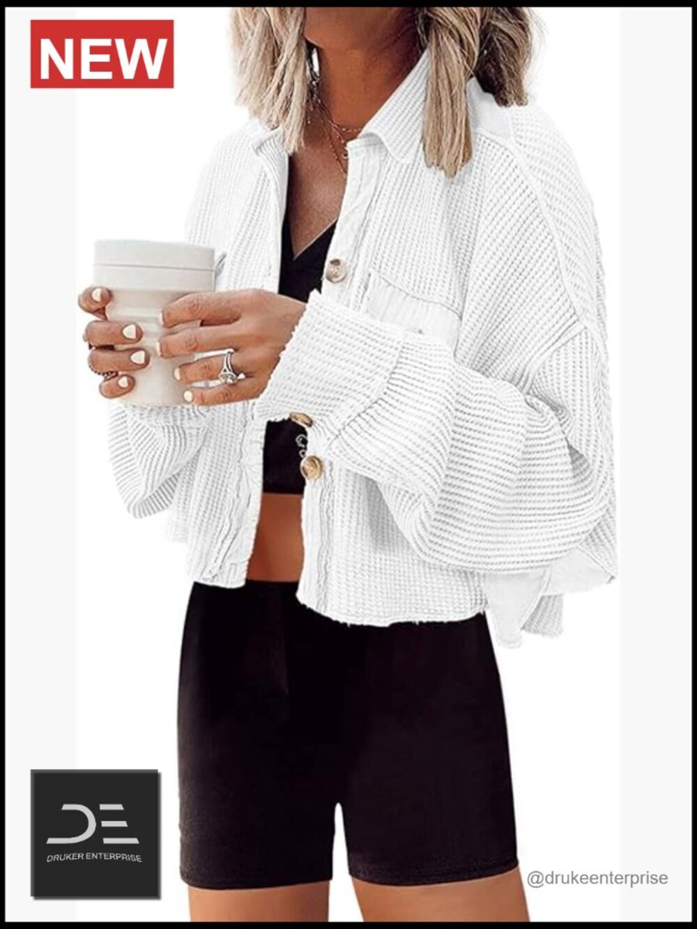 Cropped Waffle Knit Shacket Short Button Down Jacket Batwing Sleeve